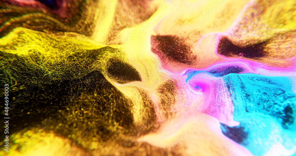 Poster color flow of particles with shallow depth of field. wave of liquid shape. multicolored abstract bac