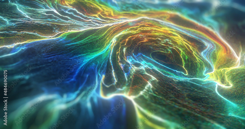 Poster abstract multicolor digital particles wave with bokeh background. colorful pattern. digital effects.