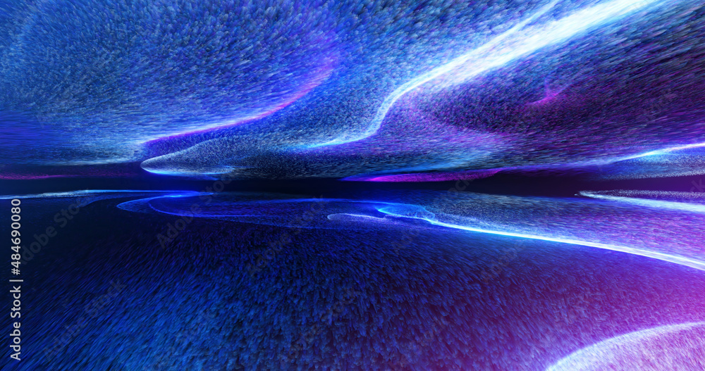 Poster abstract curve lines and dots flowing on dark background. horizontal glowing wave with blue and purp