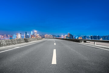 Freeway skyline and financial district modern buildings