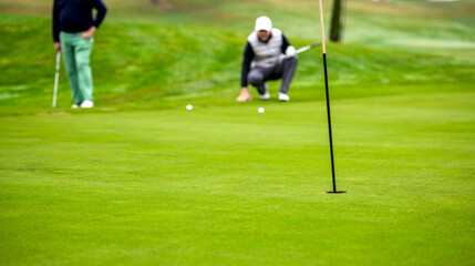 A golfer on the green evaluates the slopes and distance to the hole before aiming the ball towards the flag.