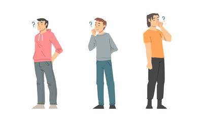 Thoughtful Man Character and Question Mark Thinking Over the Matter Vector Illustration Set