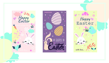 cute rabbit and easter set of flowers and eggs. happy easter greeting card