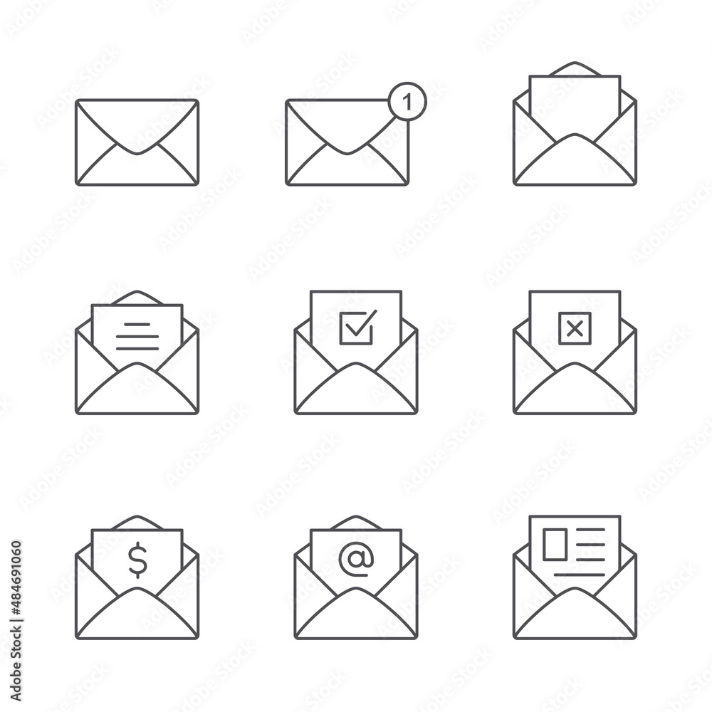 Poster envelope mail line icon set. closed envelope, open with a letter, with a check mark and notification