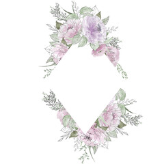 Pink Floral Rhombus Frame. Gentle Pink blossom composition. Watercolor violet flowers and green leaves Border. Hand painted linear illustration isolated on white background. For Wedding design