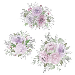 Pink Roses Bouquet Bundle. Gentle Pink and Violet Floral set. Watercolor violet flowers and green leaves Arrangements. Hand painted linear composition isolated on white background. For Wedding design