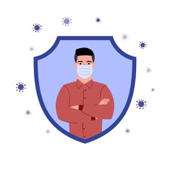 man in a mask stands, isolated from bacteria and viruses, the shield protects people's health, healthcare and isolation illustration, simple flat vector