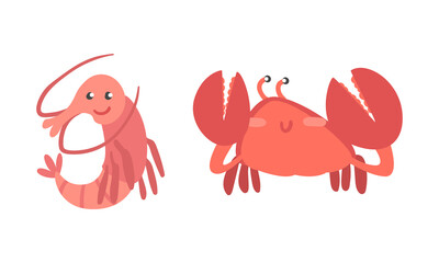 Shrimp and Crab Character as Aquatic Mammal with Funny Face Vector Illustration Set