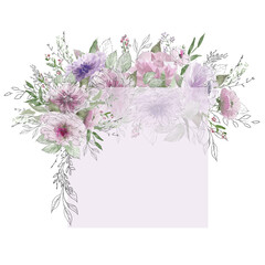 Pink Floral Square Frame. Watercolor violet flowers and green leaves Border. Gentle Pink blossom Rectangle composition. Hand painted linear illustration isolated on white background. Wedding design