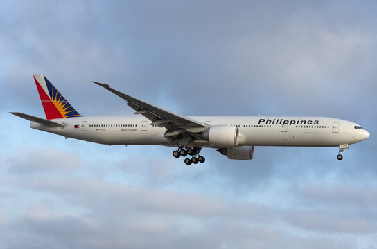 Los Angeles, California, USA - June 7, 2015: image of Philippine Airlines Boeing 777-300ER  with registration RP-C7775 shown approaching LAX, Los Angeles International Airport, for landing.