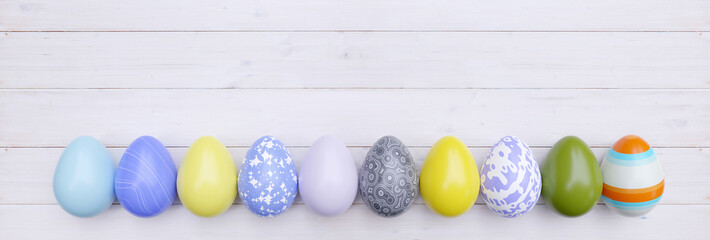 Easter egg row on white wood, header. Holiday celebration. Pastel color paint, design. 3d render