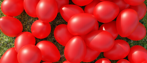 Easter egg heap background. Overhead view of red color eggs on grass, Christian Holiday. 3d render