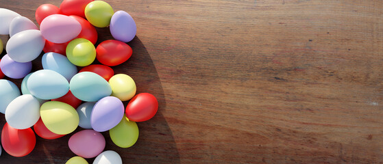 Easter egg on wood table, overhead view. Spring Holiday celebration, copy space. 3d render