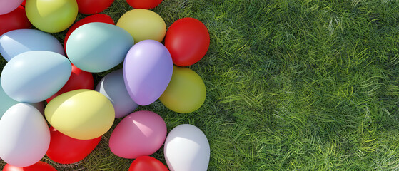 Easter egg on green grass, overhead view. Spring Holiday celebration, copy space. 3d render