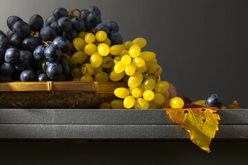 Grapes on a kitchen table.