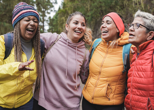 Happy Multiracial Women Hugging Together During Trekking Day - Multi Generational Female Friends Enjoy Day Outdoor In Nature