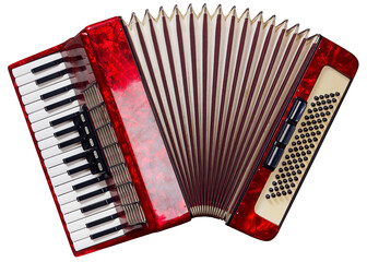 Old red accordion isolated on a white background. - obrazy, fototapety, plakaty