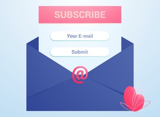 Newsletter subscription news offers, promotions Vector illustration banner of email marketing Follow me Subscribe Submit Send by mail Open blue envelope with letter
