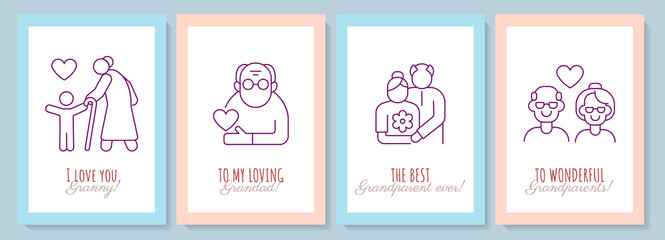 Appreciation to grandparents postcard with linear glyph icon set. Greeting card with decorative vector design. Simple style poster with creative lineart illustration. Flyer with holiday wish