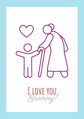 With love to granny postcard with linear glyph icon. Lovely grandma. Greeting card with decorative vector design. Simple style poster with creative lineart illustration. Flyer with holiday wish