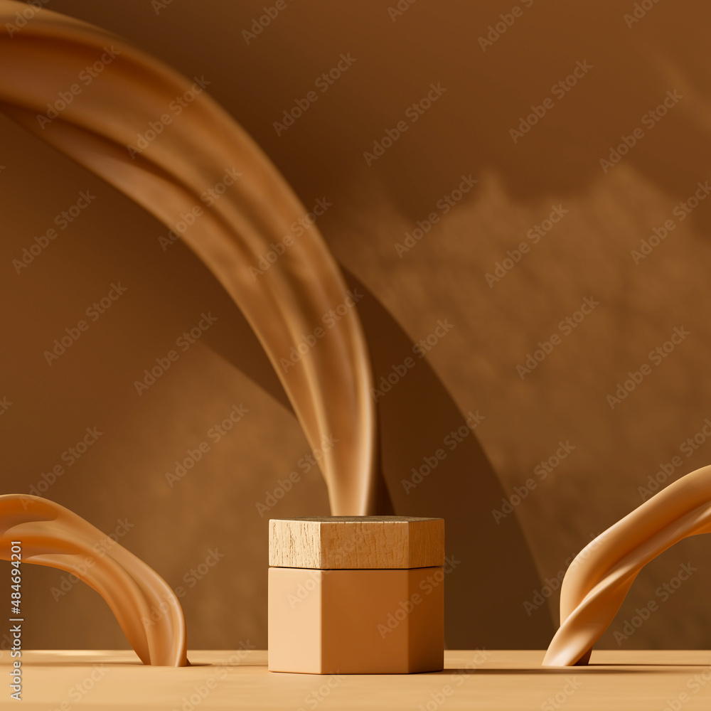 Poster 3d rendering empty wood podium on light brown background. abstract scene for product display.