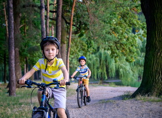 Naklejka premium Two little kid boys in colorful casual clothes in summer forest park driving bicycle. Active children cycling on sunny fall day in nature. Safety, sports, leisure with kids concept