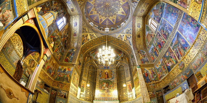 Esfahan, Iran – April 13, 2019: Interior, Frescos representing scenes of the Bible, Holy Savior or Vank Armenian Cathedral, Esfahan, Iran
