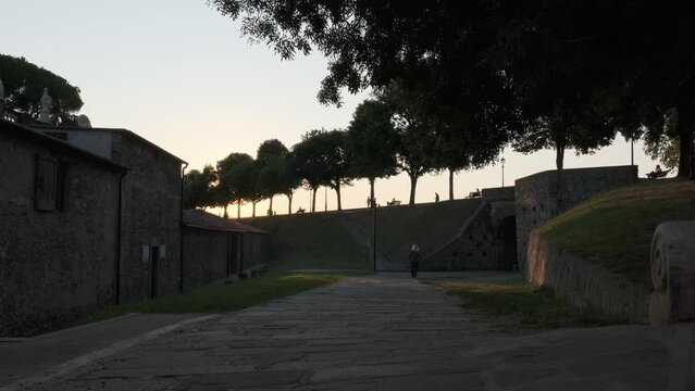Wide shot of ooking at the city wall in the old town of Lucca (Italy) during a sunset in summer.