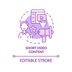 Short video content purple concept icon. Audience involving. Marketing trend abstract idea thin line illustration. Isolated outline drawing. Editable stroke. Arial, Myriad Pro-Bold fonts used