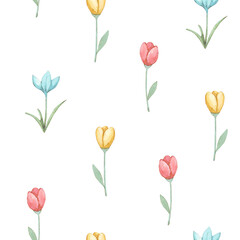 Floral pattern with simple flowers. Watercolor seamless print on white background, nature illustration for textile, wallpapers, or wrapping paper.