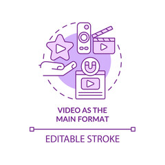 Video as main format purple concept icon. Ads technology. Content marketing trend abstract idea thin line illustration. Isolated outline drawing. Editable stroke. Arial, Myriad Pro-Bold fonts used