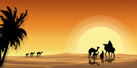 Fototapeta na wymiar Vector Desert Landscape sSunset with Muslim caravan riding camels going through the sand dunes with orange sunlight reflection, Eid Mubarak or Ramadan Kareem greeting card