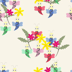 beautiful seamless pattern of bee and flower leaves