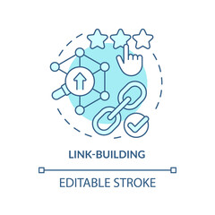Link-building turquoise concept icon. SEO optimization tool. Current marketing trend abstract idea thin line illustration. Isolated outline drawing. Editable stroke. Arial, Myriad Pro-Bold fonts used