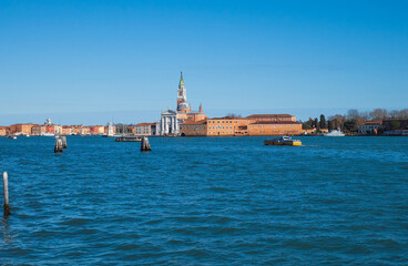San Giorgio Maggiore seen across the water in full sun on an afternoon in February. Venice, northern Italy