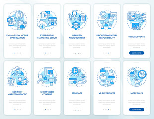 Marketing trends blue onboarding mobile app screen set. Business walkthrough 5 steps graphic instructions pages with linear concepts. UI, UX, GUI template. Myriad Pro-Bold, Regular fonts used