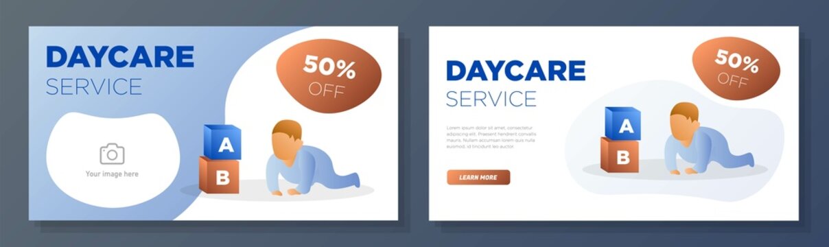 Childcare Service Online Banner Template Set, Daycare Kids Support Corporate Advertisement, Horizontal Ad, Babysitter Campaign Webpage, Happy Baby Flyer, Creative Brochure, Isolated On Background