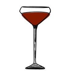 Vector illustration of a glass of red wine, doodle style with black lines