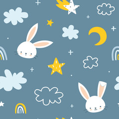 Fototapeta premium Night sky doodle pattern with cute rabbits heads. Seamless vector print for nursery fabric, wallpaper, textile.