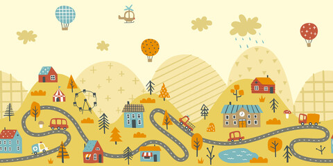 Doodle wall print autumn cityscape with road on the hills. Seamless bottom border with little town in mountain. © Sonium_art