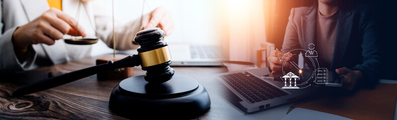 Judge gavel with Justice lawyers having team Concepts of Law and Legal services