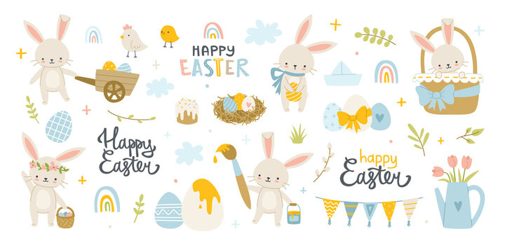 Easter cute bunny with painted eggs set. Adorable easter rabbit with traditional festive decor and calligraphy lettering.