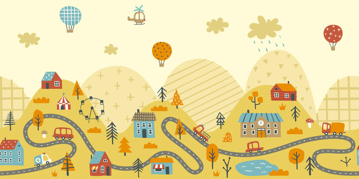 Doodle wall print autumn cityscape with road on the hills. Seamless bottom border with little town in mountain.