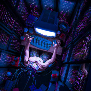 Cyberpunk Hacker Man - 3D Illustration Of Science Fiction Shocked Male Character Working On Retro Computer Console Inside Server Farm