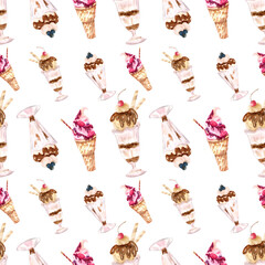 Seamless pattern on a white background with ice cream in waffle cones. Seamless watercolor design with sweet dessert