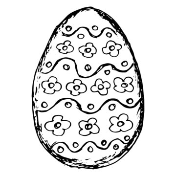 recommend clip art: Rough black and white sketch of the easter egg with floral print. Freehand vector outline drawing isolated on transparent background