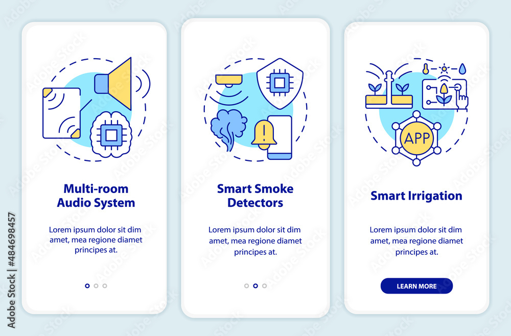 Poster Smart technologies at home onboarding mobile app screen. Audio system walkthrough 3 steps graphic instructions pages with linear concepts. UI, UX, GUI template. Myriad Pro-Bold, Regular fonts used