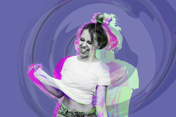A young caucasian ridiculous woman shows tongue grimacing and pulling up her white t-shirt on abstract very peri color background. Trendy collage in magazine style. Contemporary art. Modern design