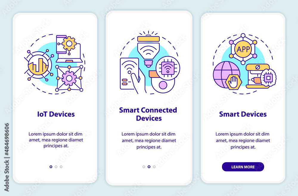 Poster Smart technologies examples onboarding mobile app screen. Iot devices walkthrough 3 steps graphic instructions pages with linear concepts. UI, UX, GUI template. Myriad Pro-Bold, Regular fonts used