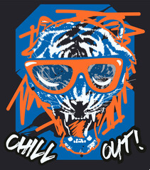 illustration of roaring tiger face with glasses and sketch lines